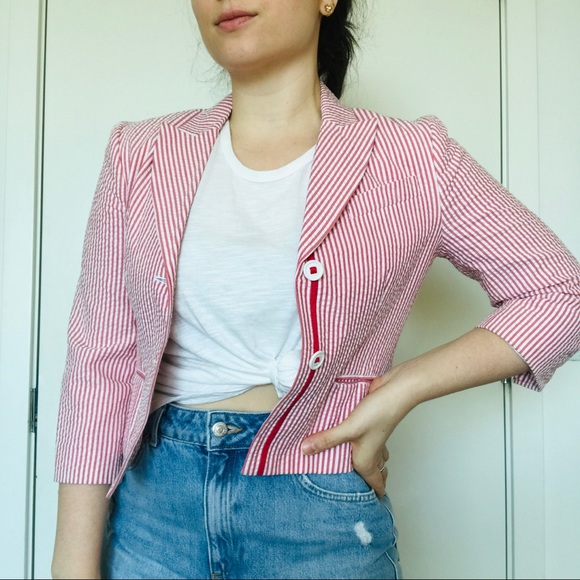 ♥️ BCBC Maxazria Red & White Seersucker Blazer - Picture 2 of 10